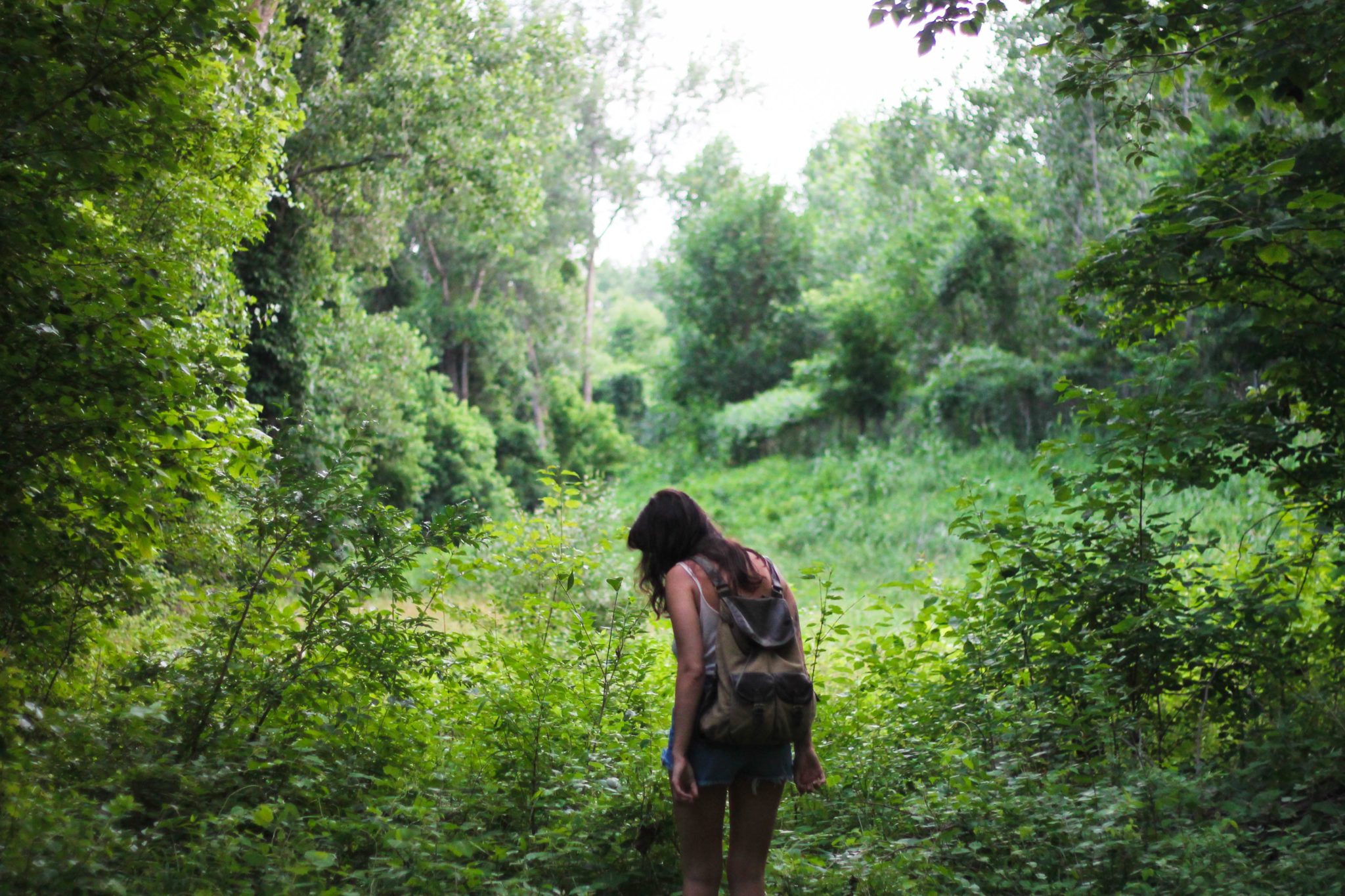 woman hiking in the woods during summer