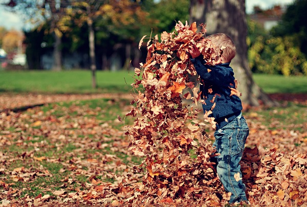 Child playing outdoors in pile of leaves with fall allergies