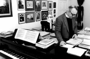 Alfred Brendel in his piano studio.
