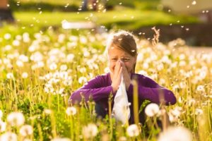 May is asthma and allergies awareness month as woman sneezes in field