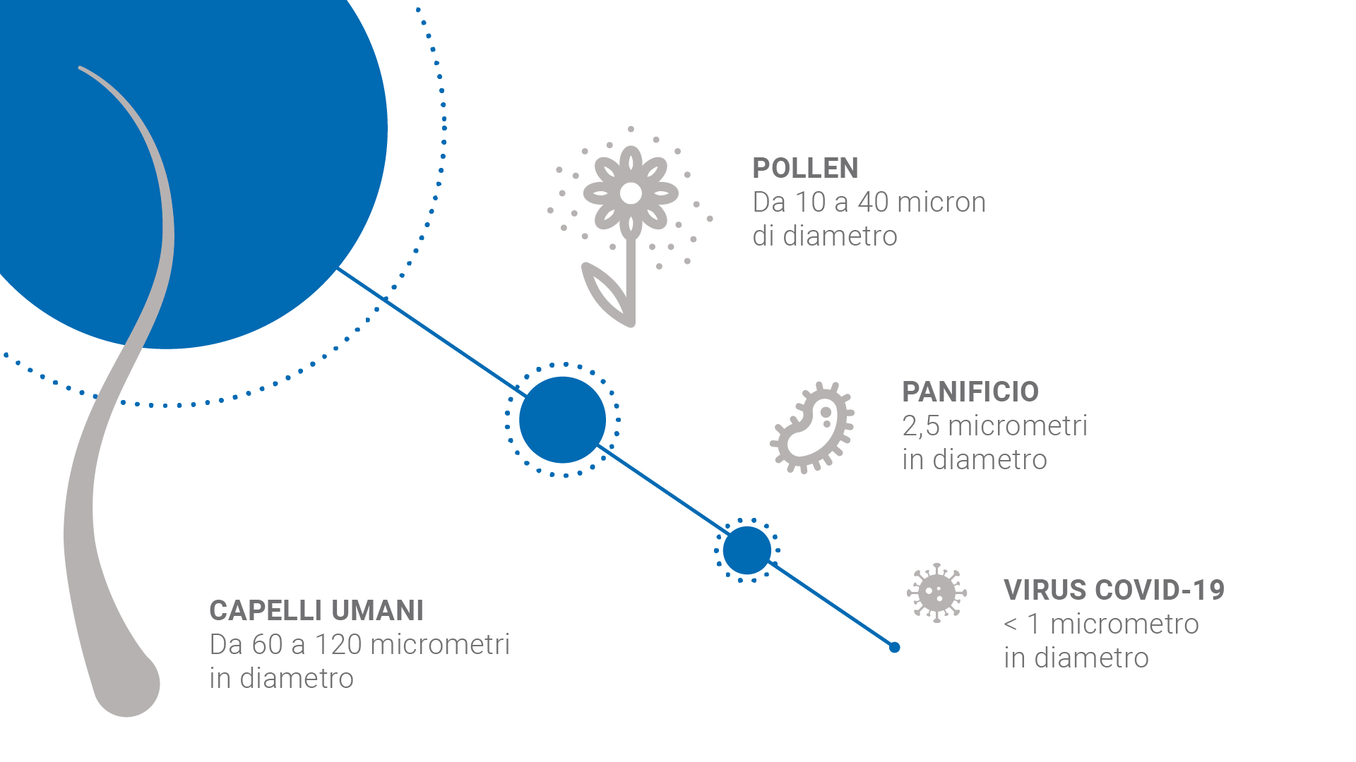 Grafico che mostra le diverse dimensioni delle particelle d'aria.