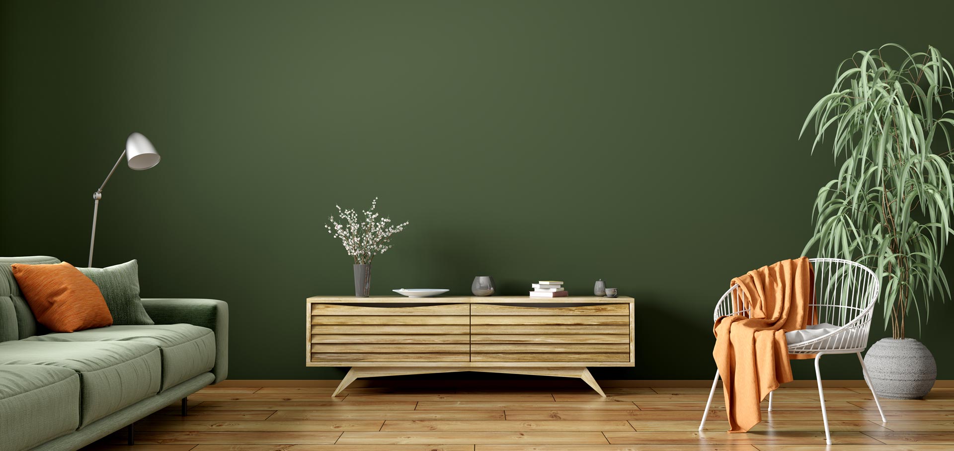 View of a living room with wooden chest of drawers.