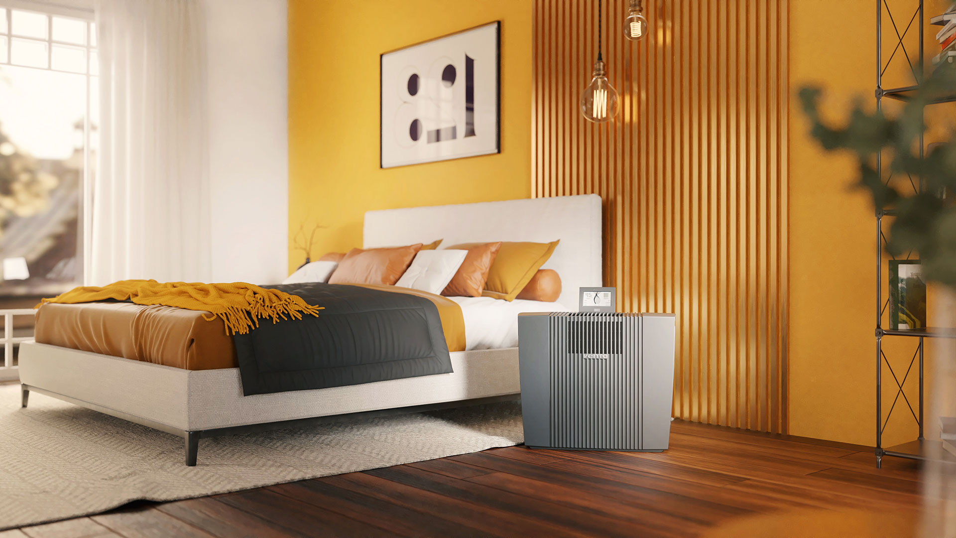 Venta Air Purifier Professional contra las alergias se alza en un dormitorio en tonos amarillos y naranjas.