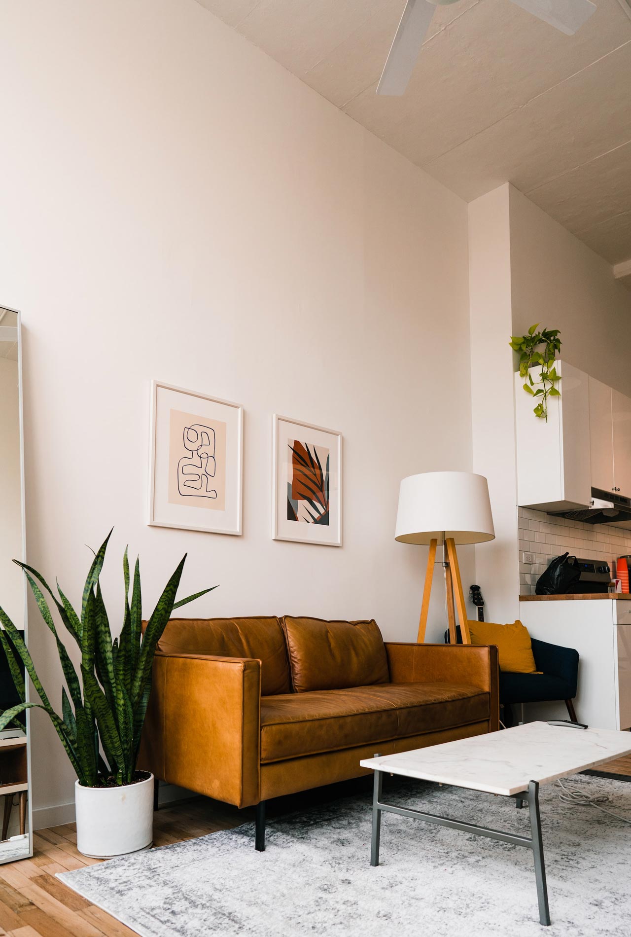 Ochre Couch in a Scandi Style Living Room.