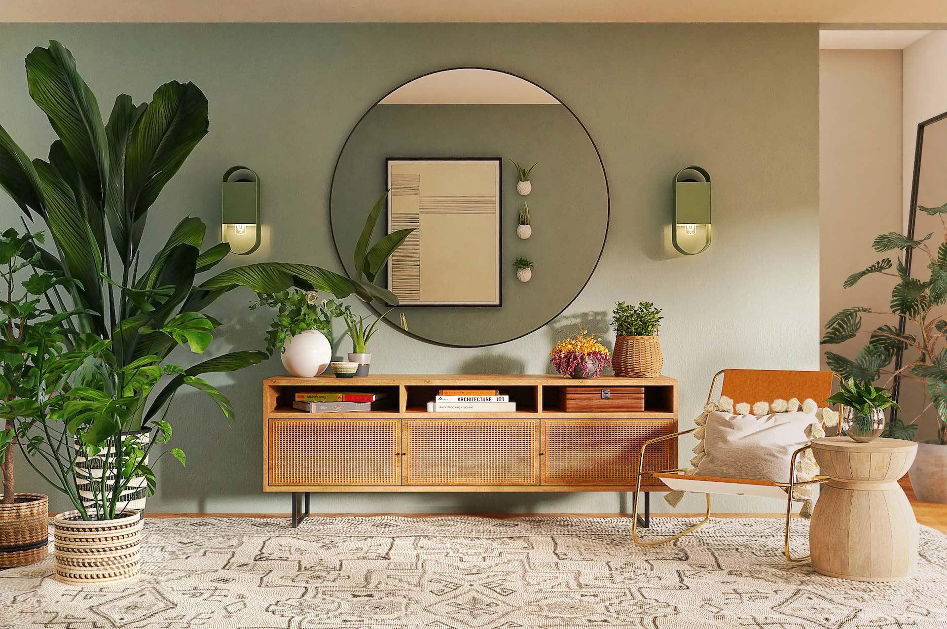 View of a cosy corner with a boho-style chest of drawers, chair and many plants.