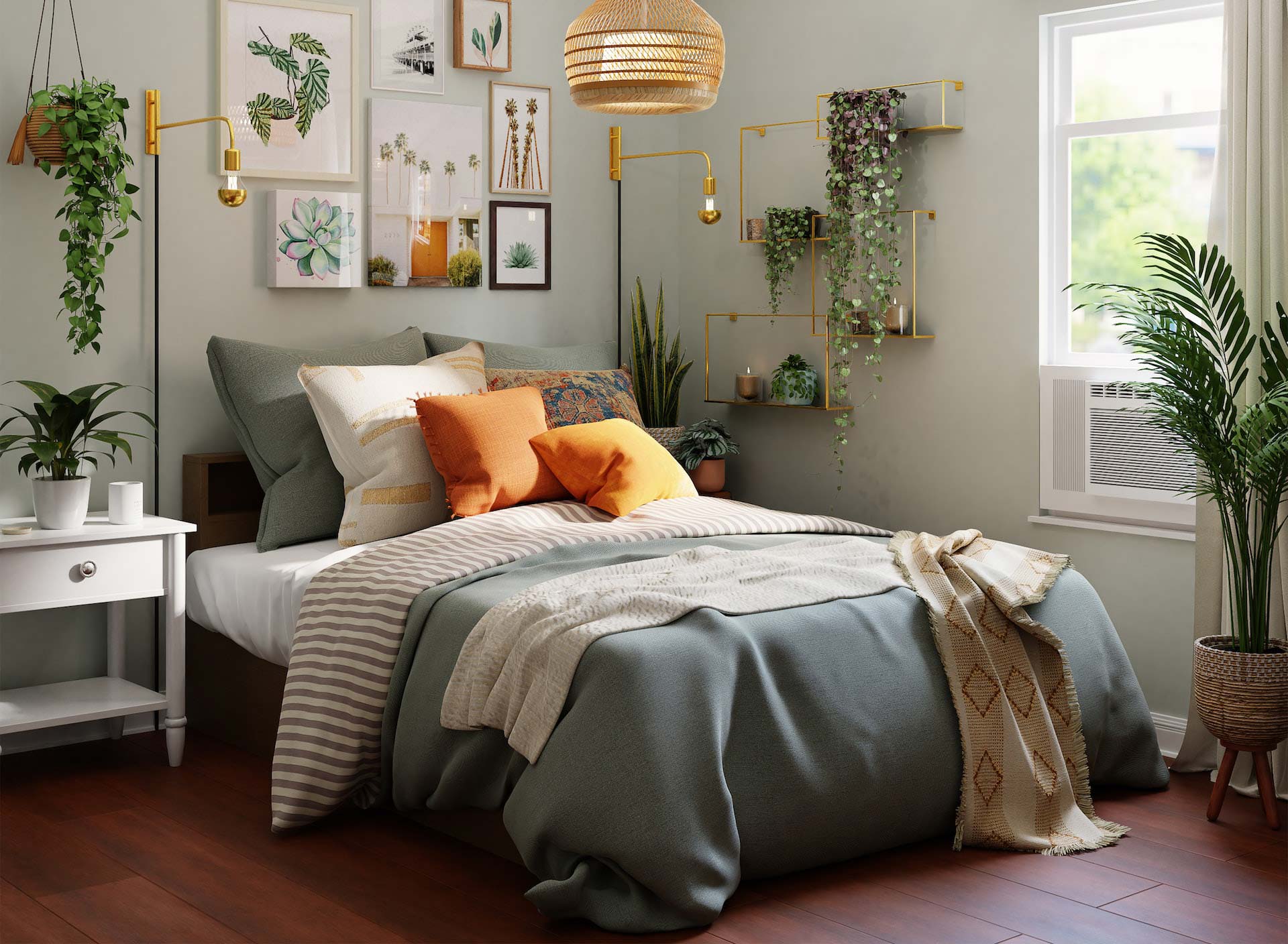 Chambre à coucher confortable avec beaucoup de plantes.