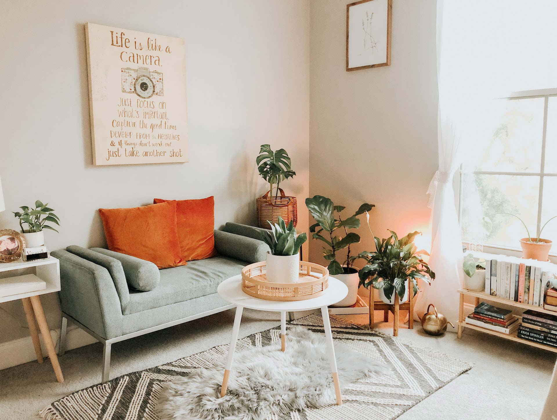 Living room in boho style with mint green couch and lots of plants.